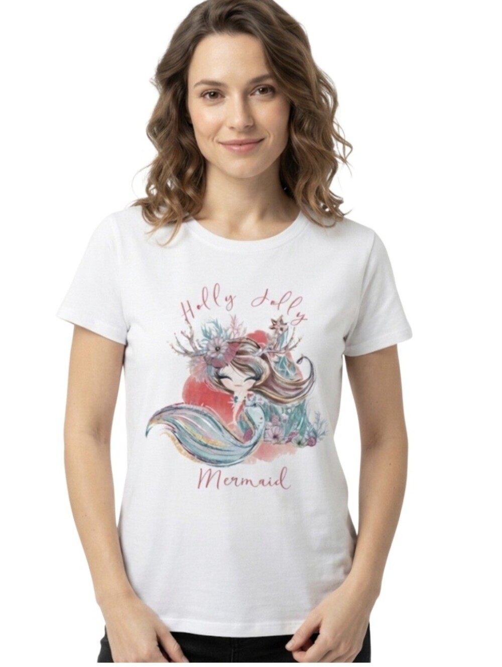 Upcycled Holly Jolly Mermaid Graphic T-Shirt Size M DTF Festive Holiday Tee